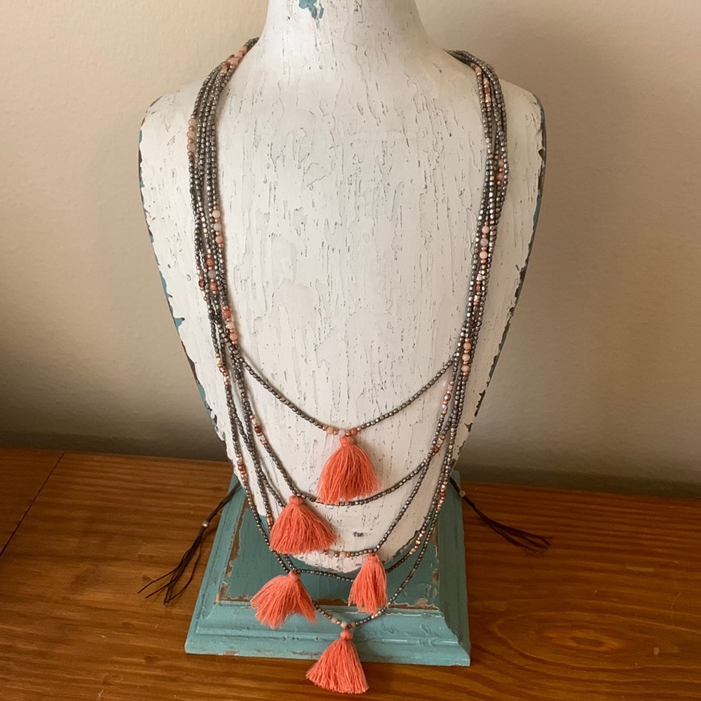 Anthropologie coral tassel and beaded necklace